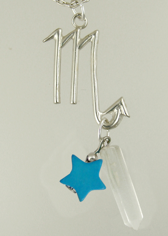 Sterling Silver Scorpio Pendant Necklace With an Clear Crystal And a Turquoise Star
